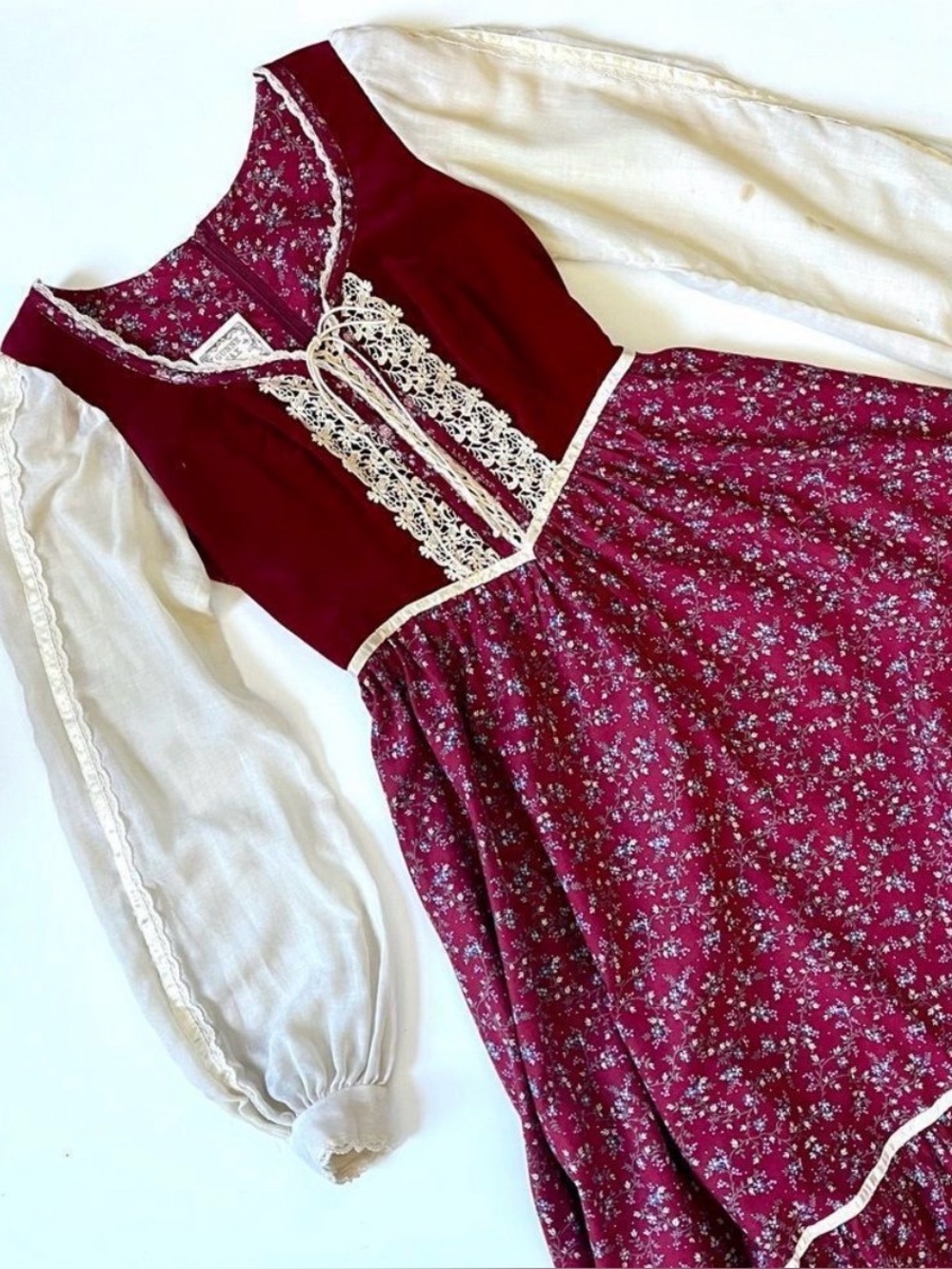 Gunne Sax Vintage 70's Prairie Dress Red Velvet Floral 7